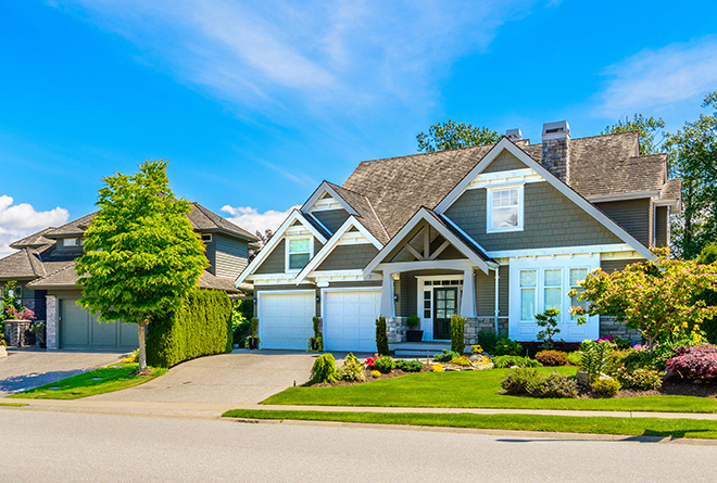 A perfect neighborhood. Houses in suburb at Spring in the north America
